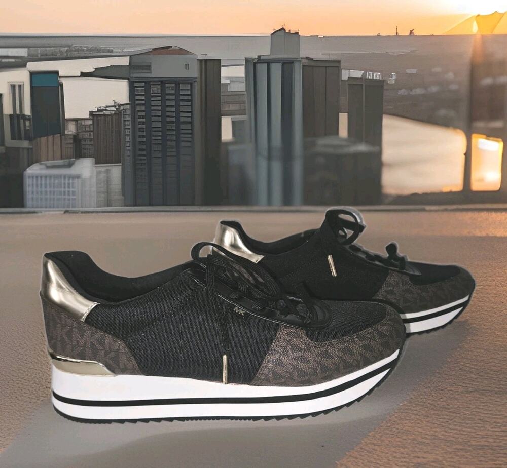 New! Michael Kors Monique Logo Womens Sneaker Black Brown 10M